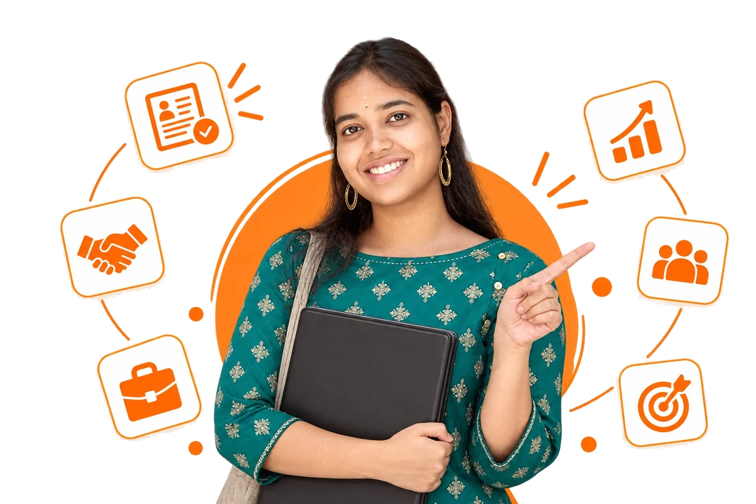 A placed BAOIAM learner with her laptop, ringed by the steps that got her there: the profile, the introduction, the role, the growth, the team and the target