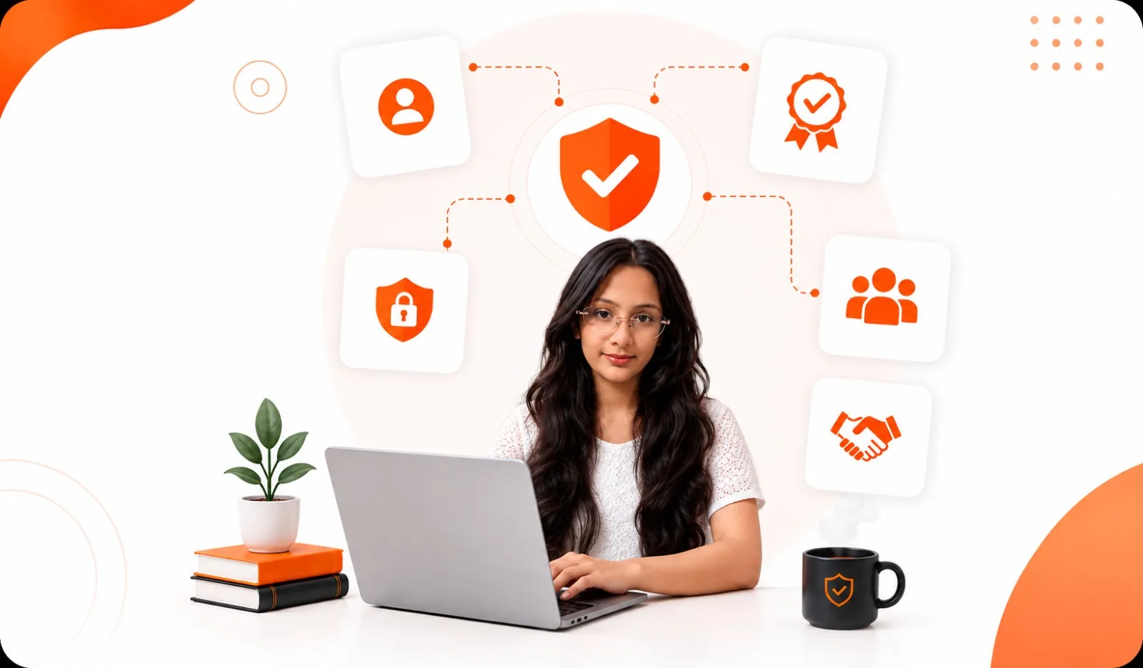 A BAOIAM intern working at a laptop, surrounded by verification, mentorship and certification marks
