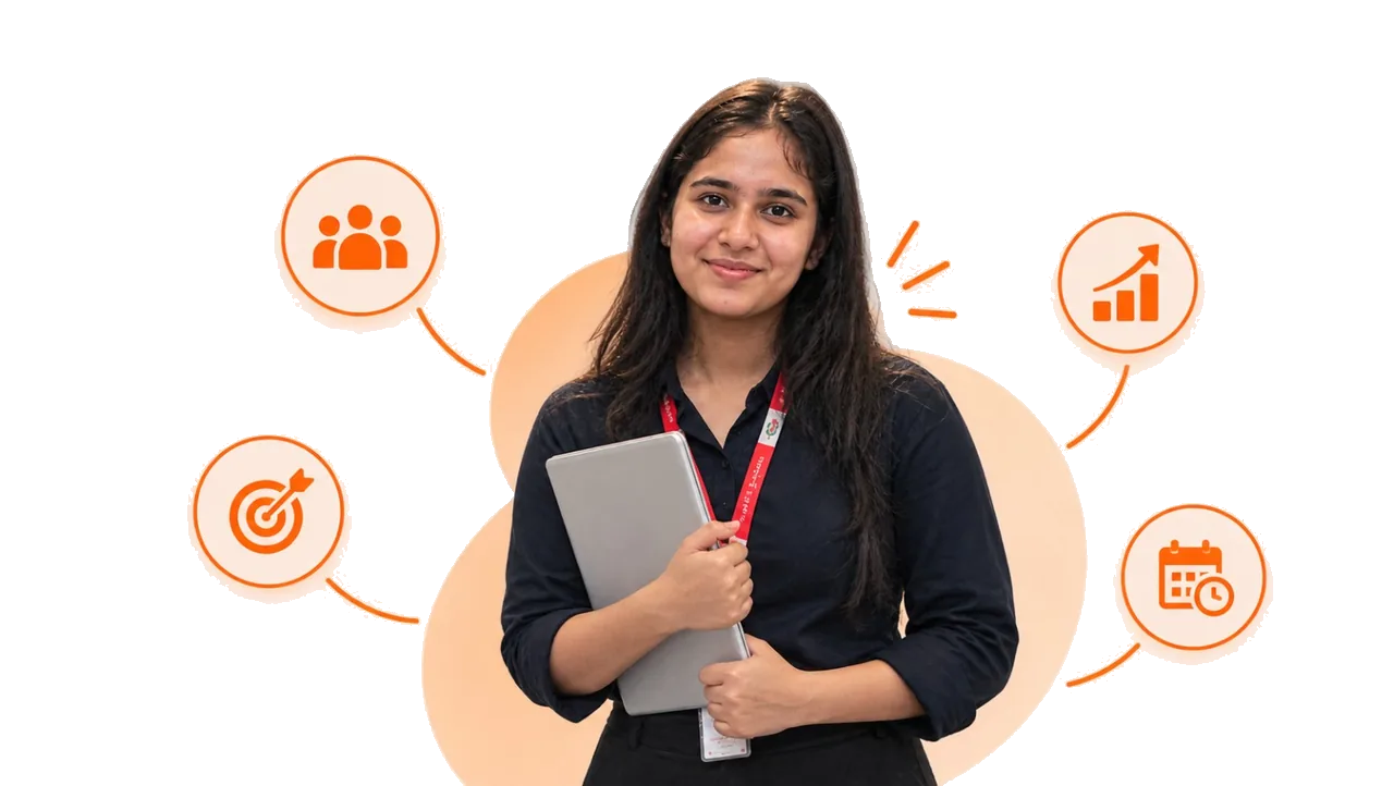 A BAOIAM learner holding a laptop, ringed by what a mentor covers: the group around her, the goal, progress over time and regular check-ins