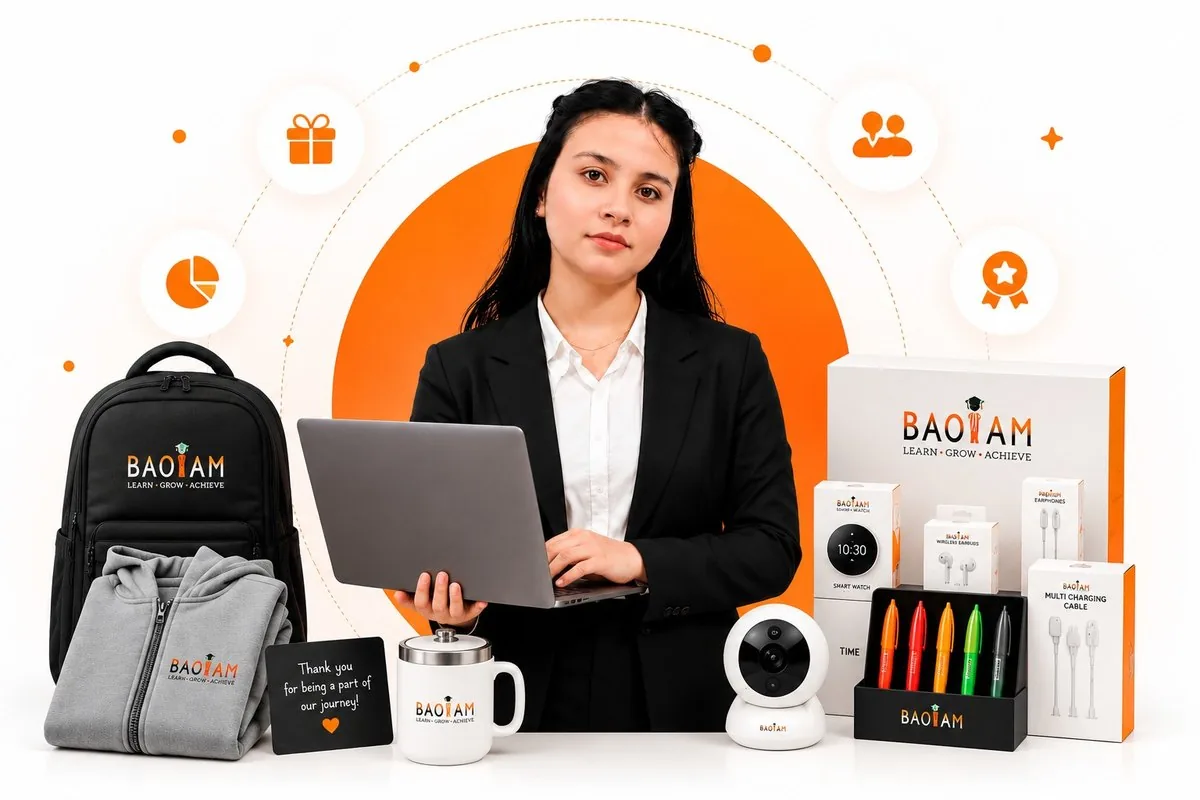 A BAOIAM learner with the referral goodies &mdash; backpack, hoodie, mug, smart watch, earphones, pens and a thank-you card