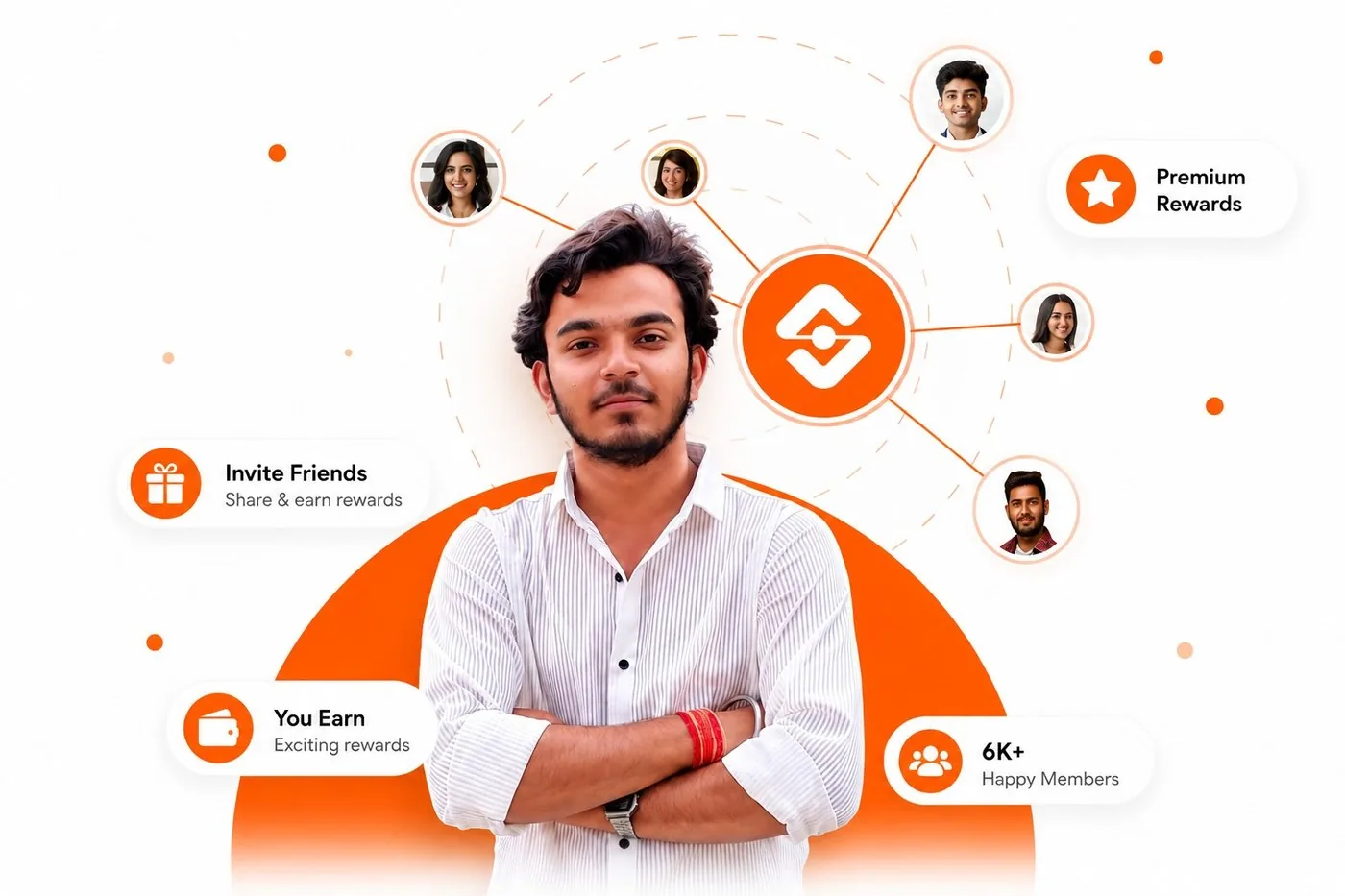 A learner at the centre of a referral network, ringed by the friends they invited and cards for inviting friends, earning rewards and premium rewards